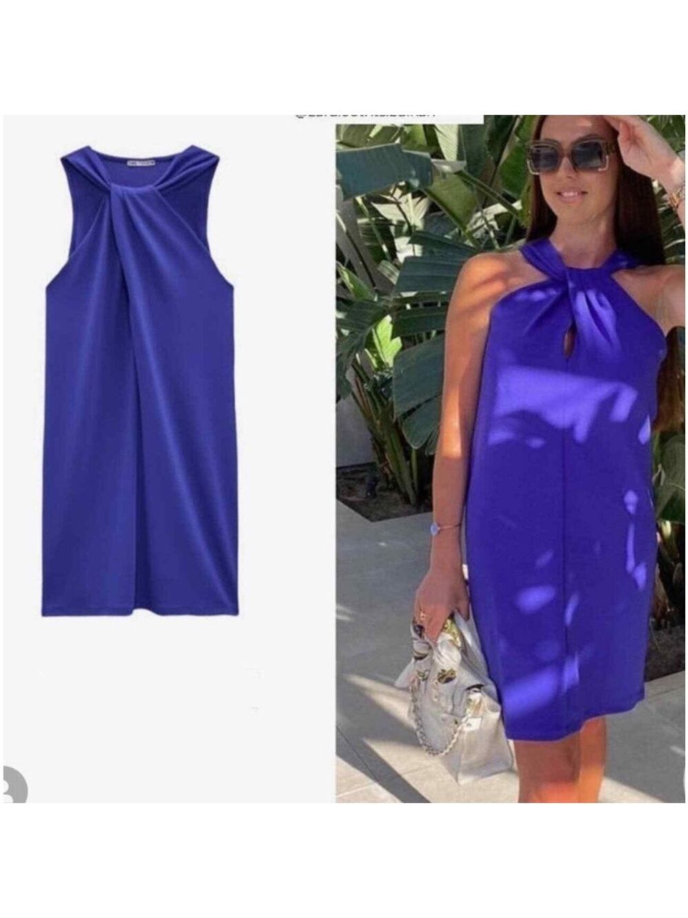 Zara blue front twist knot Halter Sheath Mini Dress Sz S